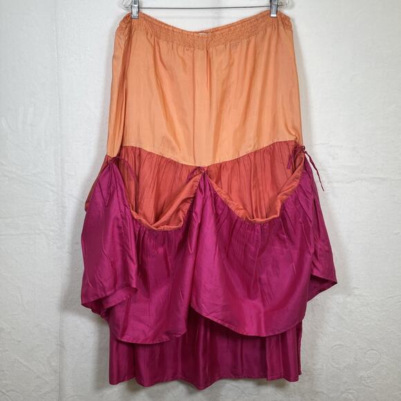 Garnet Hill 100% Silk Maxi Skirt Colorblock Tiered Orange Pink XL Elastic Waist - Picture 1 of 8